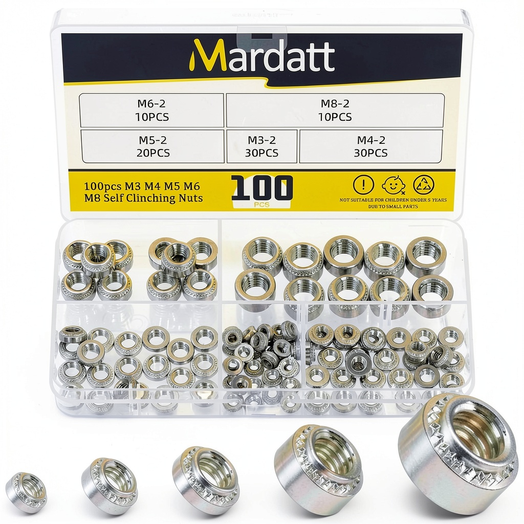 Mardatt self-clinching nuts kit in a plastic box with various sizes displayed